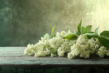 A delicate cluster of white elderflowers with lush green leaves rests on a rustic wooden surface in soft light.