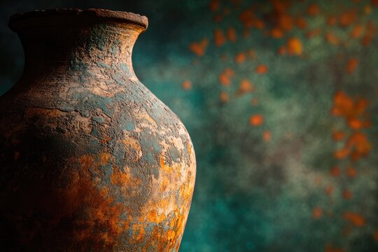 An ancient, weathered clay vase, showcasing a textured surface with rusty hues and turquoise patches against a blurred, colorful background.