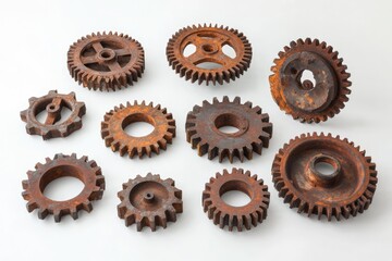 A collection of rusty, corroded gear wheels of varying sizes and shapes arranged on a clean, white surface, indicating age and decay.