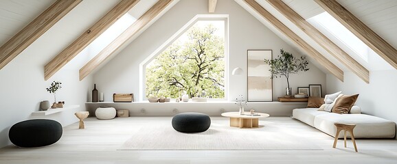Airy attic living room. Natural light, exposed beams, simple furniture. Cozy, bright, modern interior
