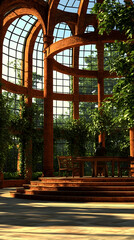 Man working at wooden desk in sunlit conservatory, surrounded by lush greenery and trees. Perfect for websites, brochures, and magazines