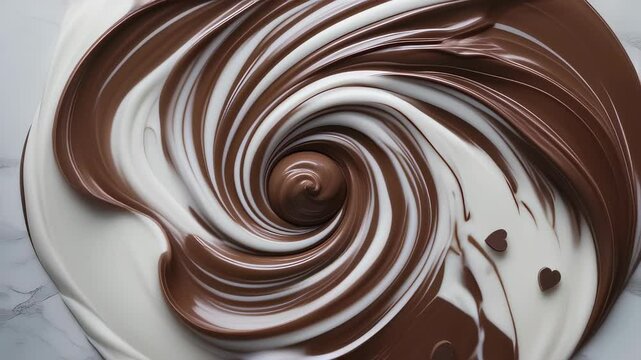 Close-up of creamy white and chocolate swirls blending together in a smooth, artistic pattern. Scattered chocolate chips add texture and depth to the dessert-inspired composition.