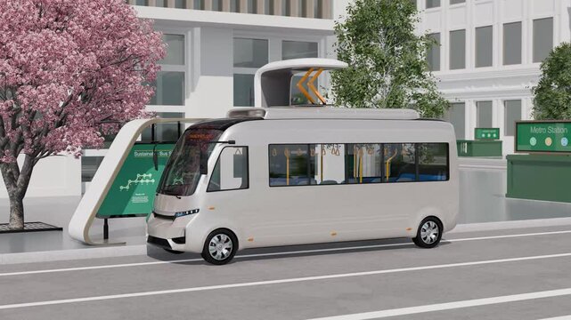 Electric bus charging by high power pantograph charger in bus station. 3D rendering animation.