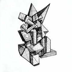 Naklejka premium Abstract geometric drawing; intricate, layered shapes; white background; design element for graphic projects