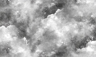 Monochromatic, abstract celestial cloudscape. A blend of gray and white, speckled with faint stars, resembling a watercolor painting of a cloudy night sky