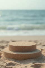 Sand podium , hand-sculpted, Wave beach shaped natural podium for infographics. Generative AI
