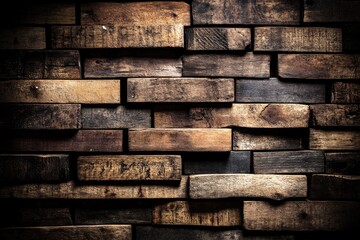 Wooden wall panels in varying shades of brown and dark tones.  Intricate, interlocking rectangular pieces create a textured surface