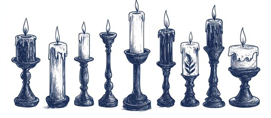 Hand-drawn sketch illustration showcasing a diverse array of vintage candle designs