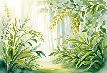 Obraz premium Serene Green Forest Watercolor Illustration with Sunlight Filtering Through Leaves Background for Nature and Peaceful Designs
