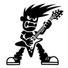 A black and white vector illustration of a cartoon rocker playing an electric guitar with an angry expression.