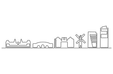 Continuous one line drawing of Amsterdam city skyline. Single line drawing illustration of Netherlands cityscape. Beautiful buildings and architecture concept vector art. Doodle line illustration.
