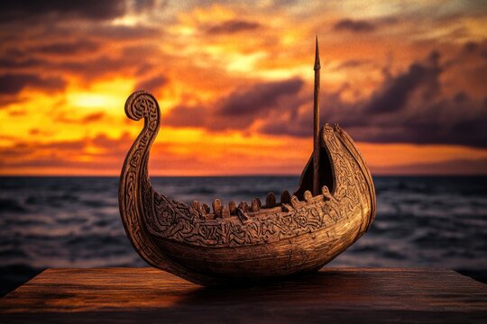 A wooden Viking ship model sits on a table with a dramatic sunset and ocean backdrop.