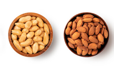 Top view of Roasted peanuts and almonds in wooden bowl isolated on white background.