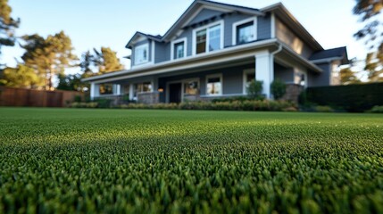 Low-angle view of a modern home with artificial turf