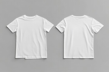 Blank white t-shirts, front and back views, laid flat on a gray background