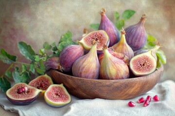 Still life of fresh figs in a wooden bowl, with pomegranate seeds on a linen cloth, creating a rustic charm.