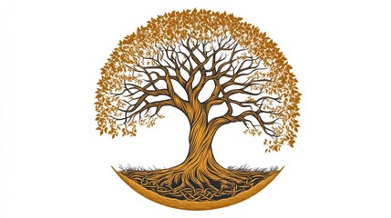 A stylized, circular tree of life, gold/brown
