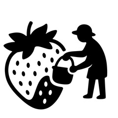 A farmer harvests a large strawberry, placing it in a bucket.  Black and white vector art.