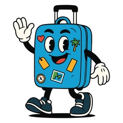 Happy Cartoon Suitcase Character with Travel Stickers and Sneakers