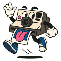 Retro Instant Camera Cartoon Character Jumping with Printed Photo