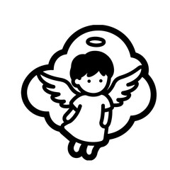 Cute cartoon angel with wings, halo, floating on cloud. Black and white vector illustration. Simple, minimalist style. Perfect for children's books, cards, or religious designs.