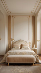 Aristocratic design hotel bedroom in beige and gold tones featuring grand royal bed and luxury palace inspired room decorations Luxurious Bedroom Interior Design