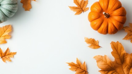 Fototapeta premium Brightly colored pumpkins in orange and teal with vibrant autumn leaves scattered on a light background create a festive seasonal display