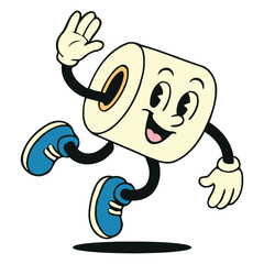 Toilet Paper Roll Cartoon Character Mid-Jump with Blue Sneakers