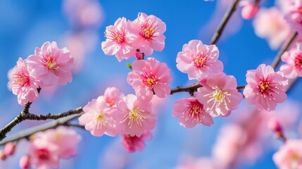 Blooming Pink Cherry Blossoms Against Blue Sky in Springtime Beauty