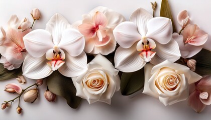 elegant composition of white orchids and soft rose blossoms