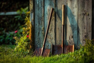 Two shovels lean against a weathered wooden wall, surrounded by grass and foliage in a rustic, rural scene.