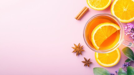 A cozy beverage features orange slices and spices, presented on a soft pink background with floral accents