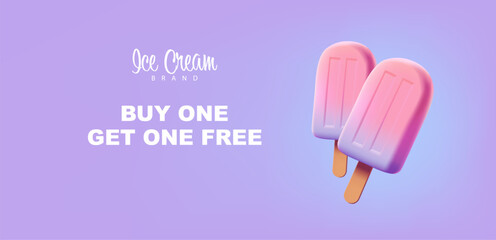 Summer promotion banner with ice cream on a stick, 3D. Promotional offer, discounts, sale. Delicious, cool, fruit ice cream. Vector illustration.