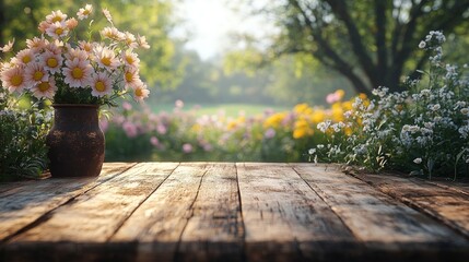 Rustic wooden table with flowers in a vase, bathed in sunlight