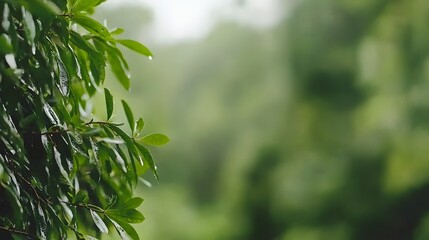Obraz premium Fresh Green Leaves with Rain Drops in a Lush Natural Environment