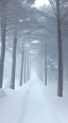 Naklejka premium A snowy path through a misty forest