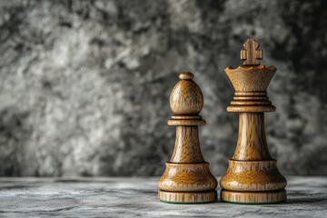 Wooden chess pieces, a queen and a bishop, stand on a textured surface against a dark background.