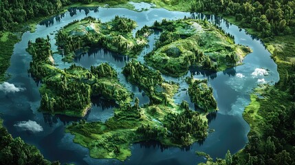 Lush, green islands in a tranquil, mirrored lake system.