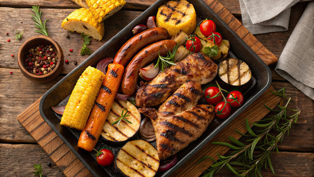 Grilled meat, sausages, and vegetables served in rustic tray, garnished with fresh herbs, creating hearty and flavorful meal