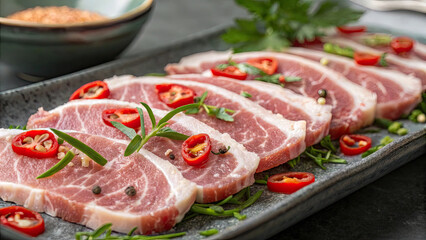 Fototapeta premium Fresh raw pork slices garnished with red chili, green herbs, and black peppercorns on dark rectangular plate, ready for cooking