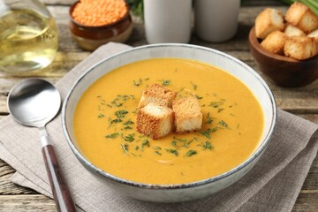 Delicious lentil cream soup served on wooden table, closeup