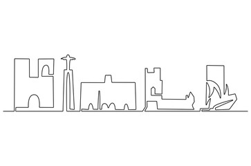 Obraz premium Continuous one line drawing of Lisboa city skyline. Single line drawing illustration of Portugal cityscape. Beautiful buildings and architecture concept vector art. Doodle line illustration.