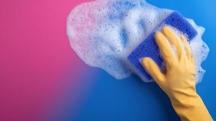 A person wearing a yellow glove scrubs a colorful surface with a blue sponge covered in foam, showcasing a bright cleaning activity