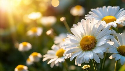 fresh daisies in soft sunlight close up of white daisies with yellow centers basking in warm sunlight featuring a blurred bokeh background for a serene mood