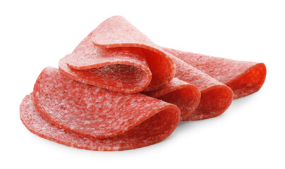 Slices of tasty smoked sausage isolated on white