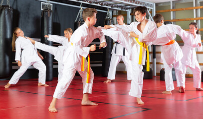Adolescent boys and girls in kimono fighting with each other in gym.