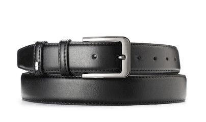 One black leather belt isolated on white