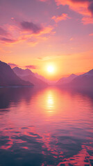 Serenity at Sunset: A Landscape of Tranquil Reflections and Majestic Mountains