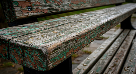 Fototapeta premium Weathered Bench Surface with Rain Drops and Flaking Paint Close Up View