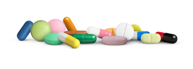 Many different antibiotic pills on white background